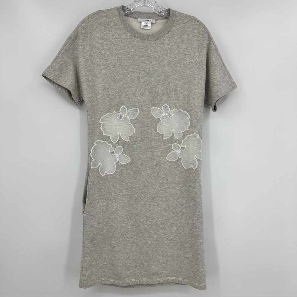 Carven Short Sleeve Mesh Floral Sweatshirt Dress Gray Size XS